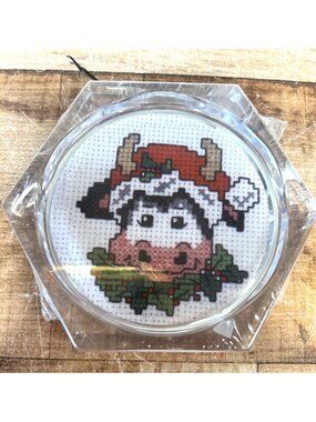Holy Cow Coasters Cross Stitch Kit Hexagonal Cork Backing Holiday Design